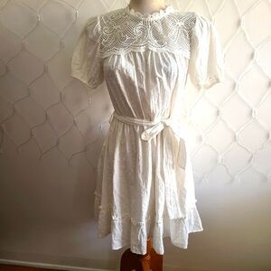 Swiss Dot • Belted White Dress • by Mine • Fits Medium